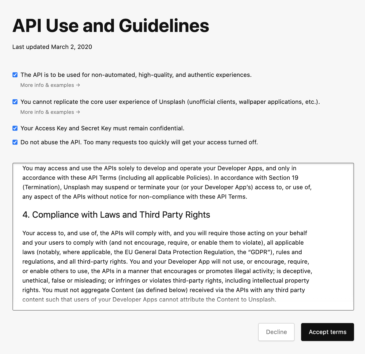 Accept Unsplash app terms